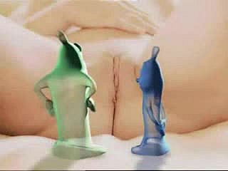 Blonde cutie gets fucked hard by hilarious animated condoms increased by a dildo